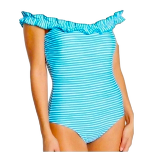 NICOLE MILLER One Piece Stripe Off Shoulder Ruffle Swim Bathing Suit size 2X